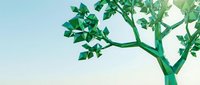 Stylized green tree branch with leaves against soft gradient sky background for nature and environmental design projects.