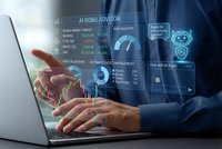 Businessman using laptop with AI robo advisor interface displaying financial charts, investment data and automated trading analytics for modern fintech.