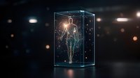 Glowing digital human figure enclosed in glass display case, surrounded by luminous particles against dark background with bokeh effects.