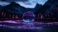 Magical crystal sphere with starry galaxy inside floating above purple glittery surface against mountain landscape at twilight for fantasy designs.