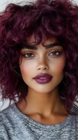 Close up portrait of young mixed race woman with vibrant purple curly hair, plum lipstick, and freckles wearing casual grey top, looking directly at camera.