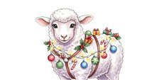 Adorable white sheep decorated with colorful Christmas ornaments and festive garland for holiday greeting cards and seasonal decorations.