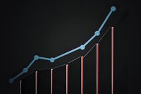 Ascending graph showing business growth with blue trend line and red bars on dark background, representing financial success and market progress.