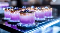 Purple gradient cocktail garnished with edible flowers and gold flakes served in luxurious crystal glass at upscale bar, soft bokeh lighting creates elegant ambiance.