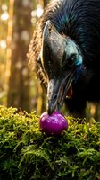 Southern cassowary bird eating purple fruit in tropical rainforest habitat with golden sunlight filtering through trees creating natural wildlife scene.