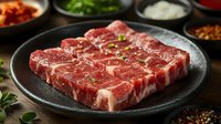 Raw marbled beef steaks seasoned with herbs on black plate, surrounded by Korean side dishes and sauces for barbecue cooking preparation.