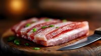 Fresh raw pork belly slices with fat layers on wooden cutting board, garnished with chopped green herbs and kitchen knife in rustic setting.