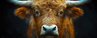 Close up portrait of young brown Highland cattle bull with long horns and shaggy fur against dark background, dramatic lighting highlights facial features.