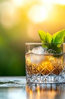 Whiskey cocktail with ice cubes and fresh mint leaves in crystal glass on reflective surface against blurred golden sunset background, refreshing summer drink.