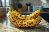 Overripe spotted bananas on kitchen counter ready for baking bread or smoothies in home cooking preparation.