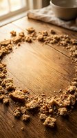 Brown sugar crumbles arranged in circle on wooden surface with kitchen utensils and cloth in background, ideal for baking and cooking content.