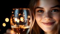 Young woman smiling next to wine glass with romantic bokeh lights reflection creating magical evening atmosphere, close up portrait with warm lighting.