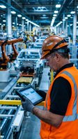 Industrial worker in safety gear using digital tablet on automotive assembly line for quality control and production monitoring in modern manufacturing facility.