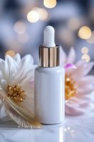 White cosmetic dropper bottle with gold feather and lotus flowers on marble surface against blurred bokeh lights background. Luxury skincare concept.