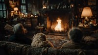 Cozy family evening by fireplace with parents and child relaxing on sofa in warm living room with bookshelves and soft lighting atmosphere.