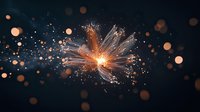 Glowing fiber optic explosion with orange light bursts and bokeh effects against dark background creates dramatic technological abstract composition.