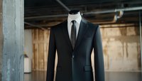 Elegant black suit jacket on mannequin against industrial background showcases refined tailoring, slim fit design and modern business attire styling for formal occasions.