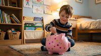 Young boy, Caucasian ethnicity, approximately 3-5 years old, inserting coin into pink piggy bank while sitting on floor in bright playroom. Educational financial literacy concept.
