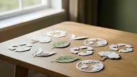 Eco-friendly paper cutouts with recycling symbols, leaves, and earth icons arranged on a wooden table near a sunlit window.