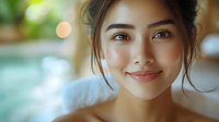Young Asian woman with natural makeup and gentle smile looking at camera against blurred background with soft bokeh lights and warm atmosphere.