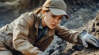 Young female archaeologist in protective gear carefully excavating at rocky site, focused expression while conducting fieldwork research and exploration.