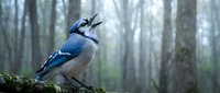 Blue jay bird perched on moss-covered branch in misty forest calling with open beak. Wildlife nature photography for ornithology and birdwatching content.