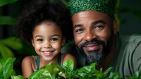 African American father and daughter share joyful moment while gardening together, surrounded by lush green plants and leaves, expressing family bonding and nature connection.