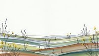 Abstract rolling hills landscape with wildflowers and grass in soft earth tones. Minimalist nature scene for wall art and home decor projects.