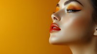 Young Asian woman with bright makeup, red lips and orange eyeshadow in profile against vibrant yellow background, showcasing professional beauty and cosmetics artistry.