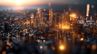 Modern cityscape with glowing skyscrapers at dusk, featuring tilt-shift effect and bokeh lights creating dreamy urban atmosphere. Aerial view captures golden hour ambiance.