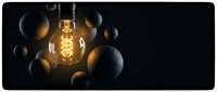 Glowing vintage filament bulb surrounded by floating spheres on dark background, representing innovation, creativity, and bright ideas for business concepts.