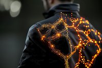 Glowing orange fairy lights wrapped around person wearing dark jacket create magical bokeh effect against blurred background. Cozy winter atmosphere.