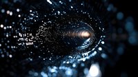 Digital tunnel with glowing light at end, abstract technology background with particles and bokeh effects forming futuristic cyber pathway in dark space.