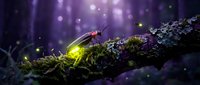Glowing firefly on moss-covered log in enchanted forest with magical purple lighting and sparkling bokeh effects creating mystical nighttime atmosphere.