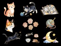 Cute watercolor cat clipart set isolated on transparent background. Includes kittens, paw prints, yarn, fish bone, moon, and bowl for stickers, t-shirts, and print on demand.