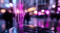 Vibrant pink neon light streaks reflect on wet surface against blurred urban nightlife background with bokeh lights creating modern cyberpunk atmosphere.