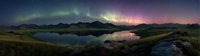 Aurora borealis dancing over mountain lake with perfect reflections in serene wilderness landscape during twilight hour creating magical atmosphere.