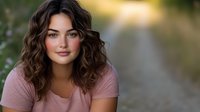 Young Mediterranean woman with curly brown hair and natural makeup smiling outdoors in soft evening light wearing casual pink t-shirt, portrait with bokeh background.
