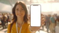 Young woman with brown hair showing blank smartphone screen at crowded outdoor event, wearing yellow blazer and conference lanyard.