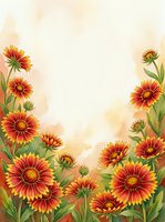 Watercolor gaillardia blanket flowers in red and yellow framing a soft warm background with copy space for text or design.