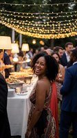 Happy African American woman laughing at elegant outdoor evening party with string lights and guests celebrating special occasion or wedding reception.