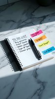 Spiral notebook with handwritten to-do list and colorful sticky notes on marble surface for productivity and organization planning.