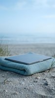 Laptop computer resting on folded turquoise blanket in sandy beach setting with ocean and dunes in soft focus background for remote work and travel concepts.