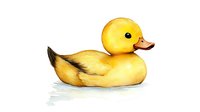 Yellow rubber duck watercolor illustration with soft shadows and reflections on white background, isolated design element for nursery art and children decor.