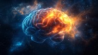 Glowing brain visualization with contrasting blue and orange fire effects against dark cosmic background, depicting mind power and cognitive function.