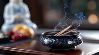 Burning incense sticks in ornate black ceramic holder with rising smoke swirls against dark wooden surface, creating zen atmosphere for meditation and aromatherapy.
