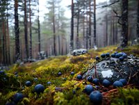 Fresh wild blueberries growing on moss in misty pine forest, close-up view with soft bokeh background creating atmospheric nature scene.