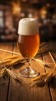 Fresh craft beer with creamy foam head in elegant glass on rustic wooden table with wheat stalks, warm pub atmosphere for beverage and hospitality concepts.