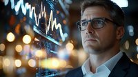 Mature businessman analyzing financial market data on virtual screen with glowing charts and statistics, bokeh city lights background at night.