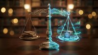 Digital scales of justice with glowing blue holographic elements contrasting traditional bronze design in law library setting for legal technology concepts.